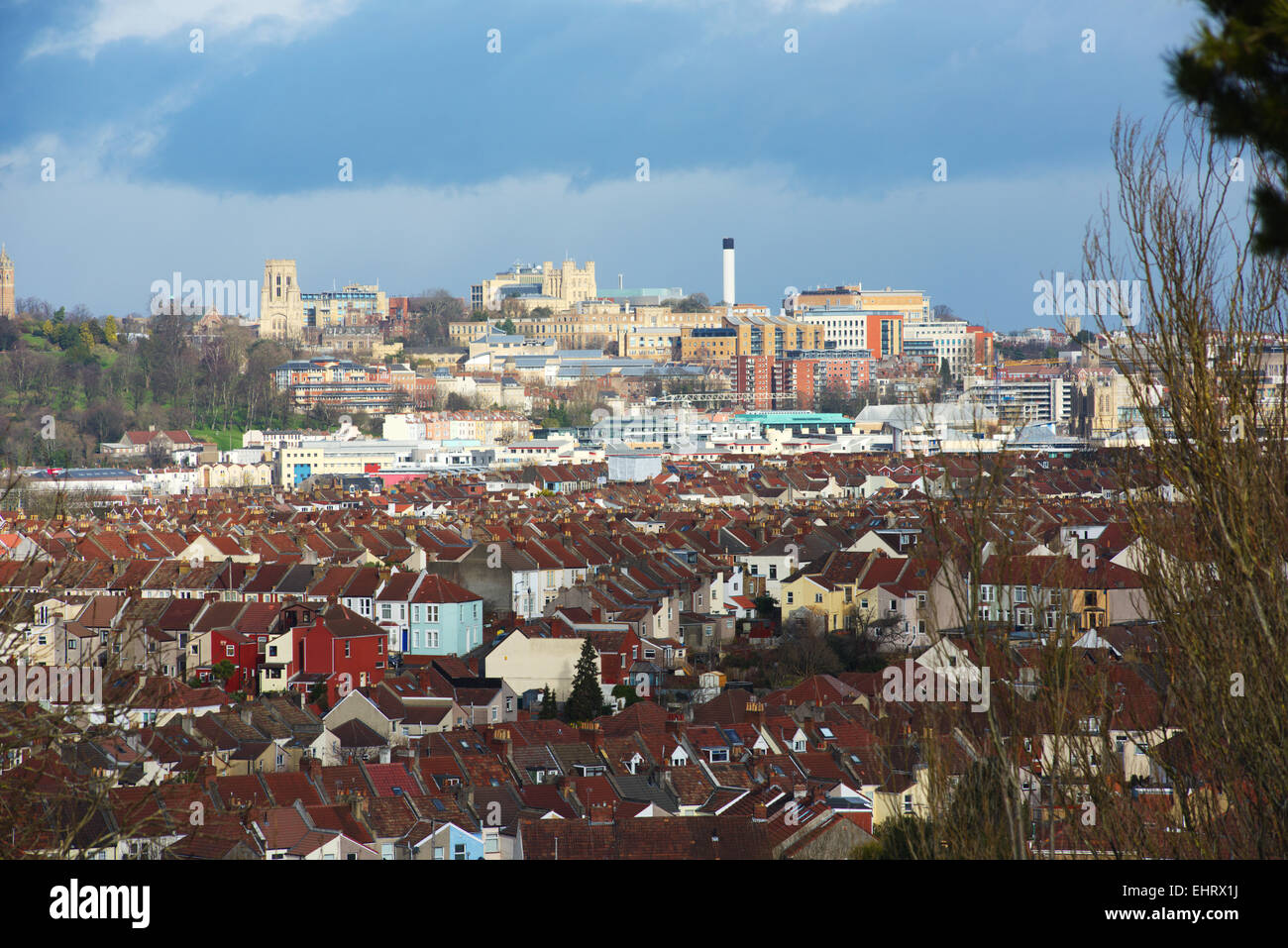 Urban skyline, Bristol, University and hospital buildings on top of hill with Bedminster and central city housing below Stock Photo