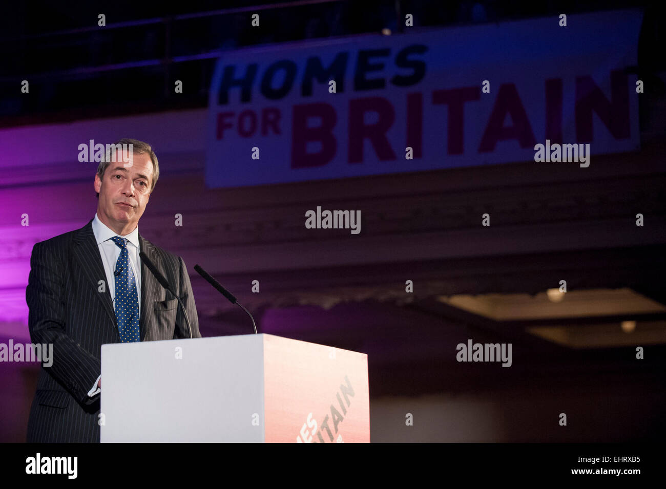 London, UK, 17 March 2015.  Nigel Farage,  leader of UKIP, speaks at the Homes for Britain Rally, at Methodist Central Hall, Westminster. Over 2,500 people from over 300, organisations, including private developers, architects, business leaders and homeless charities, attended and called on the next government to end the housing crisis within the next 25 years. Credit:  Stephen Chung/Alamy Live News Stock Photo