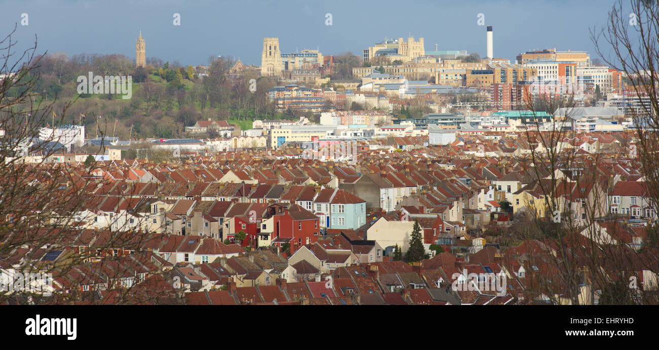Urban skyline, Bristol, Brandon Hill, University and hospital buildings on top of hill with Bedminster and central city housing Stock Photo