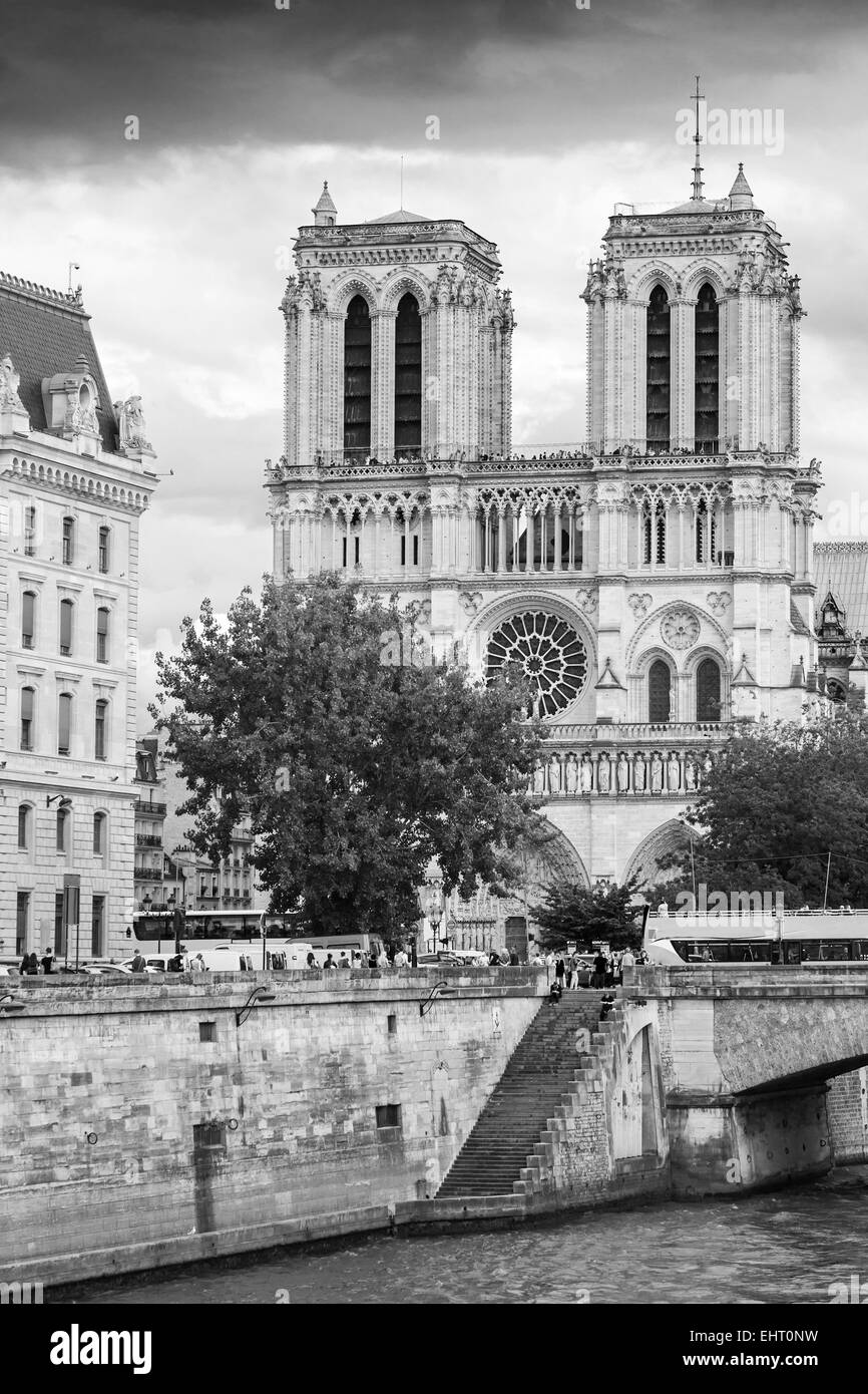 Notre Dame de Paris cathedral. The most popular city landmark of Paris, black and white photo Stock Photo