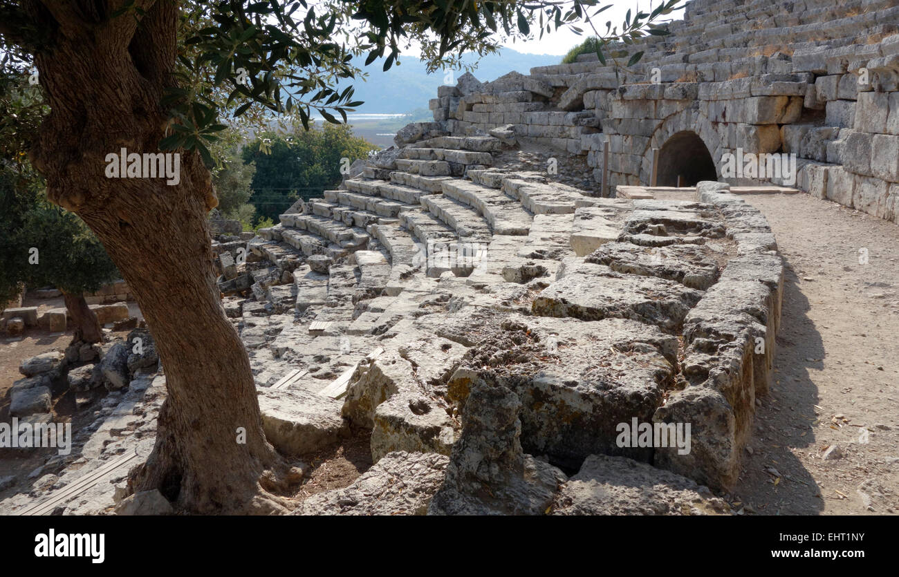 View of the seating and diazoma in the Theatre at Kaunos, Dalyan, Turkey Stock Photo