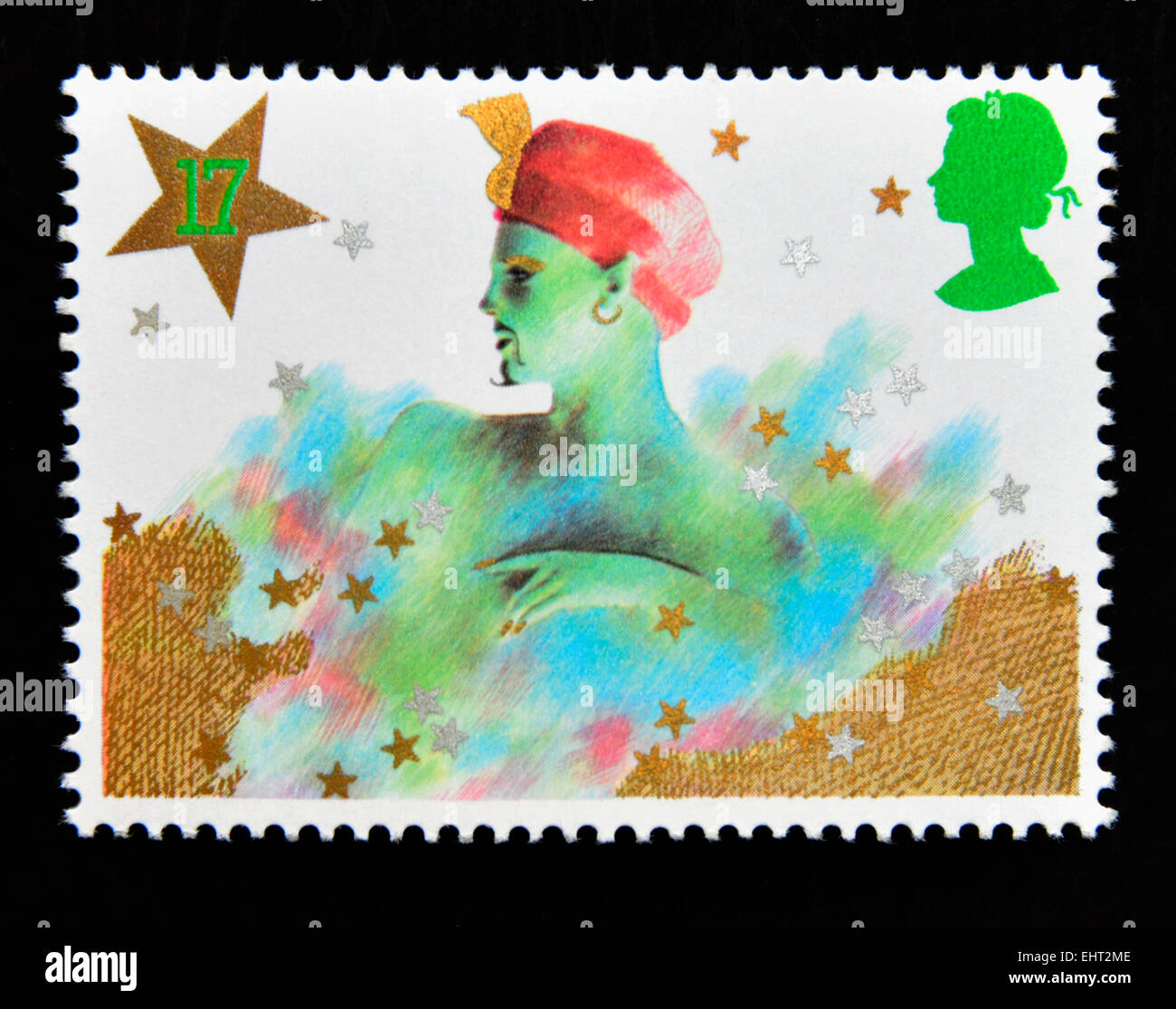 Postage stamp. Great Britain. Queen Elizabeth II. 1985. Christmas. Pantomime Characters. Genie. 17p. Stock Photo