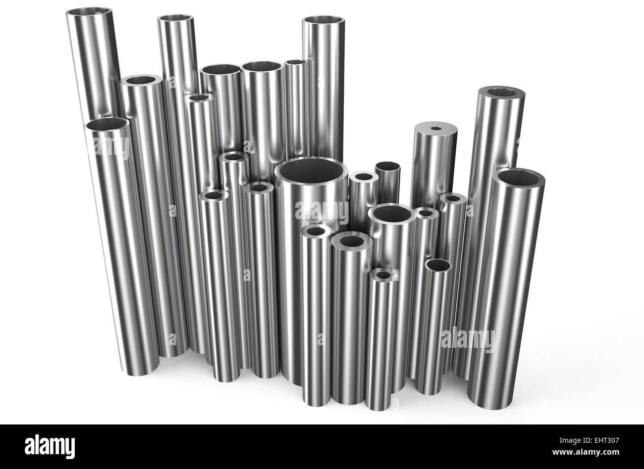 rolled metal, assortment  of pipes isolated on white background Stock Photo