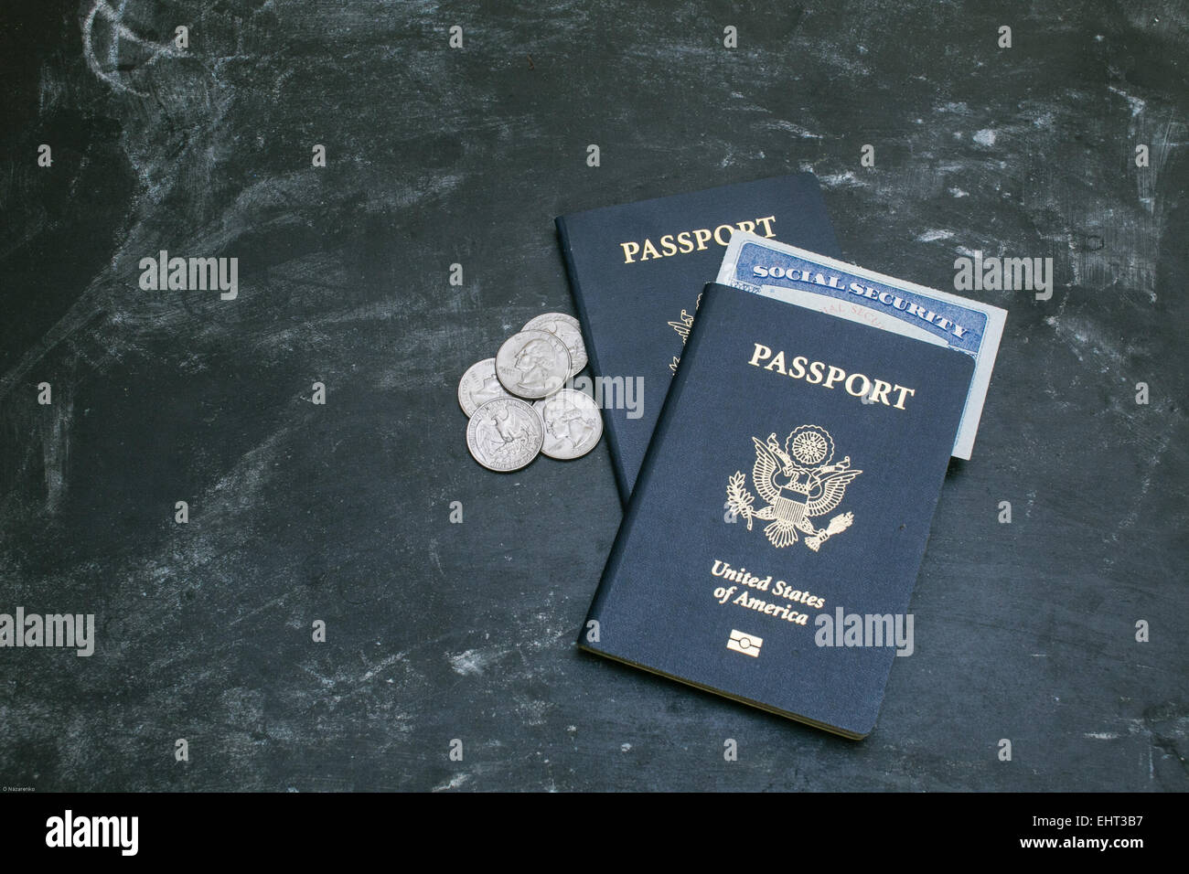 Two American passports on black background. American citizenship. Social security card in a document. Traveling around the world Stock Photo