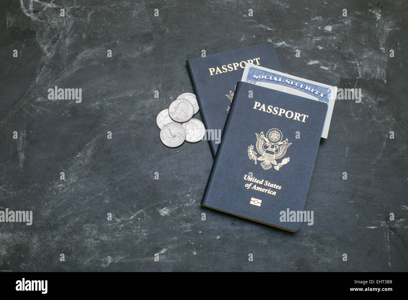 Two American passports on black background. American citizenship. Social security card in a document. Traveling around the world Stock Photo