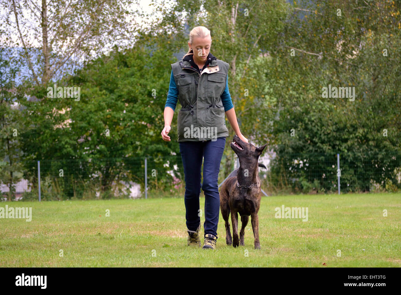 Young woman exercising with her dog Stock Photo