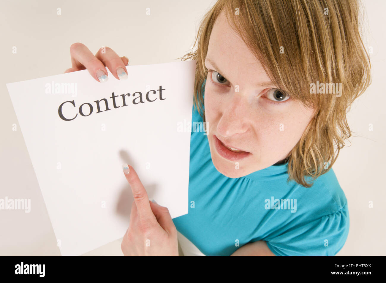 woman get furious because contract Stock Photo