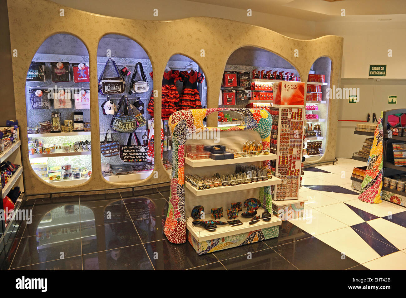 Display of tourist souvenirs in duty free shop, Barcelona El Prat airport Stock Photo
