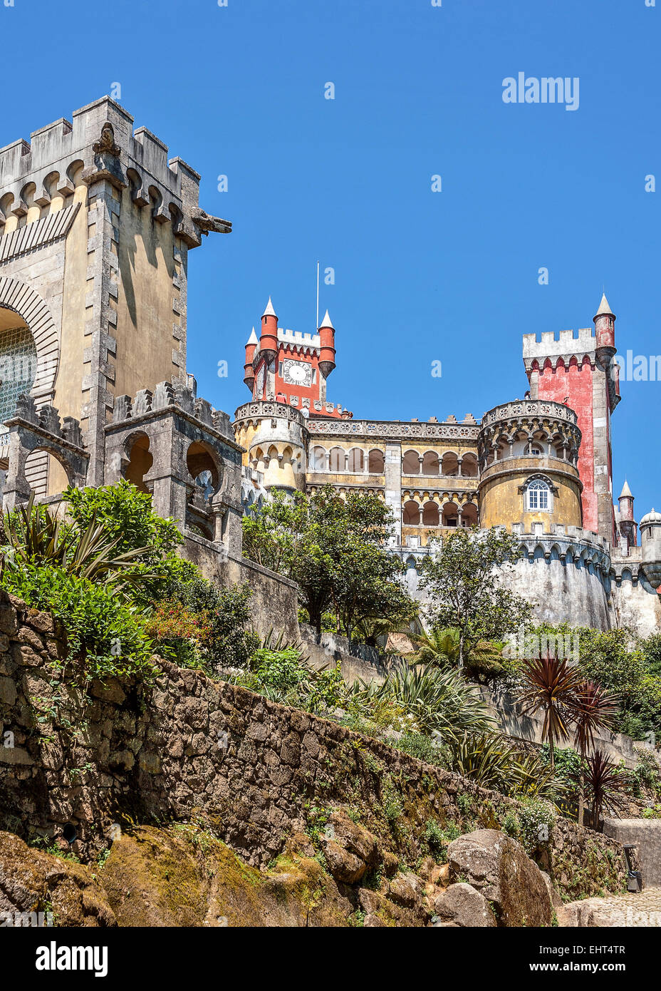 Pena Palace - Palace in Portugal, located on a high cliff above Sintra and offers a fantastic pseudomedieval style. Stock Photo