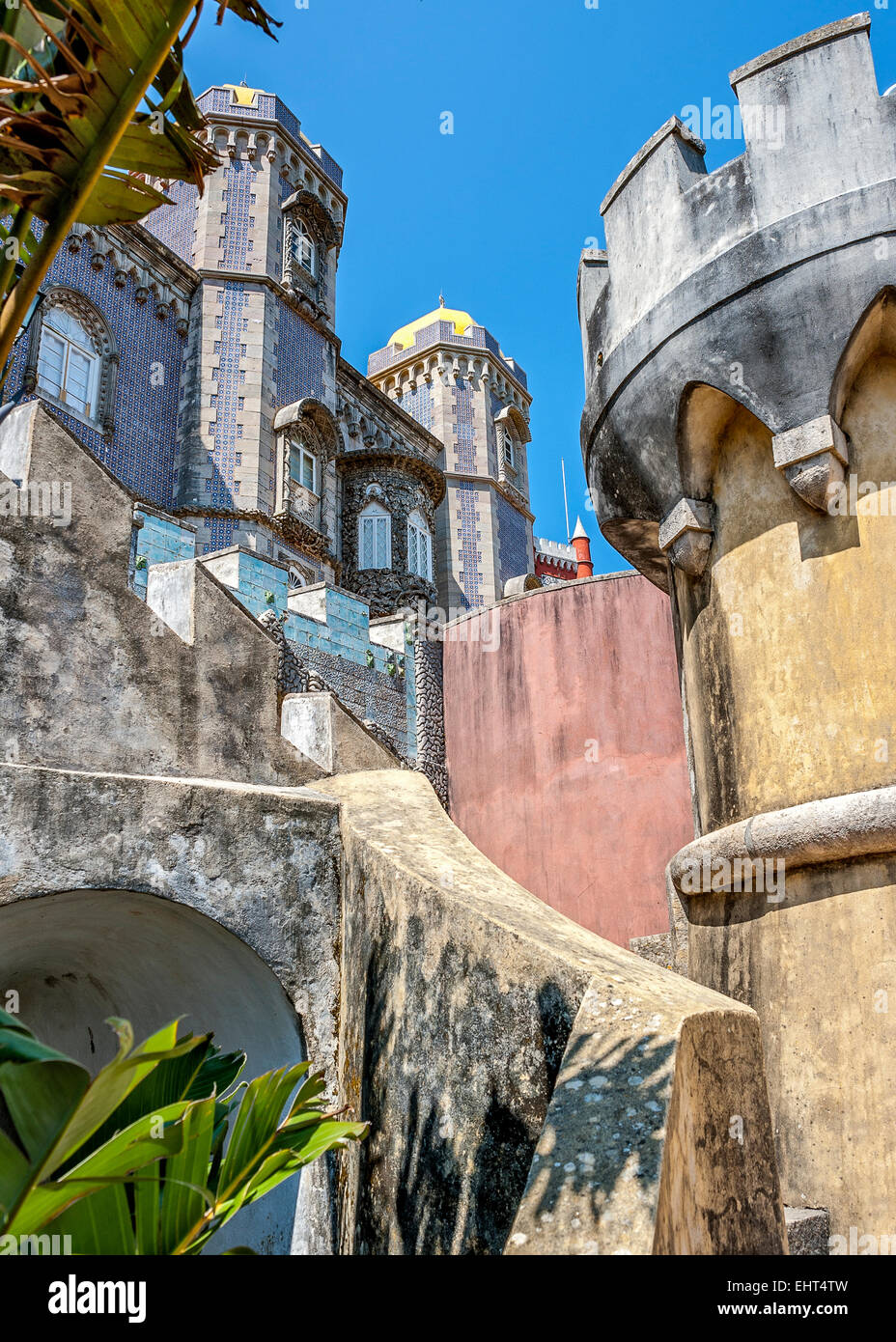 Pena Palace - Palace in Portugal, located on a high cliff above Sintra and offers a fantastic pseudomedieval style. Stock Photo