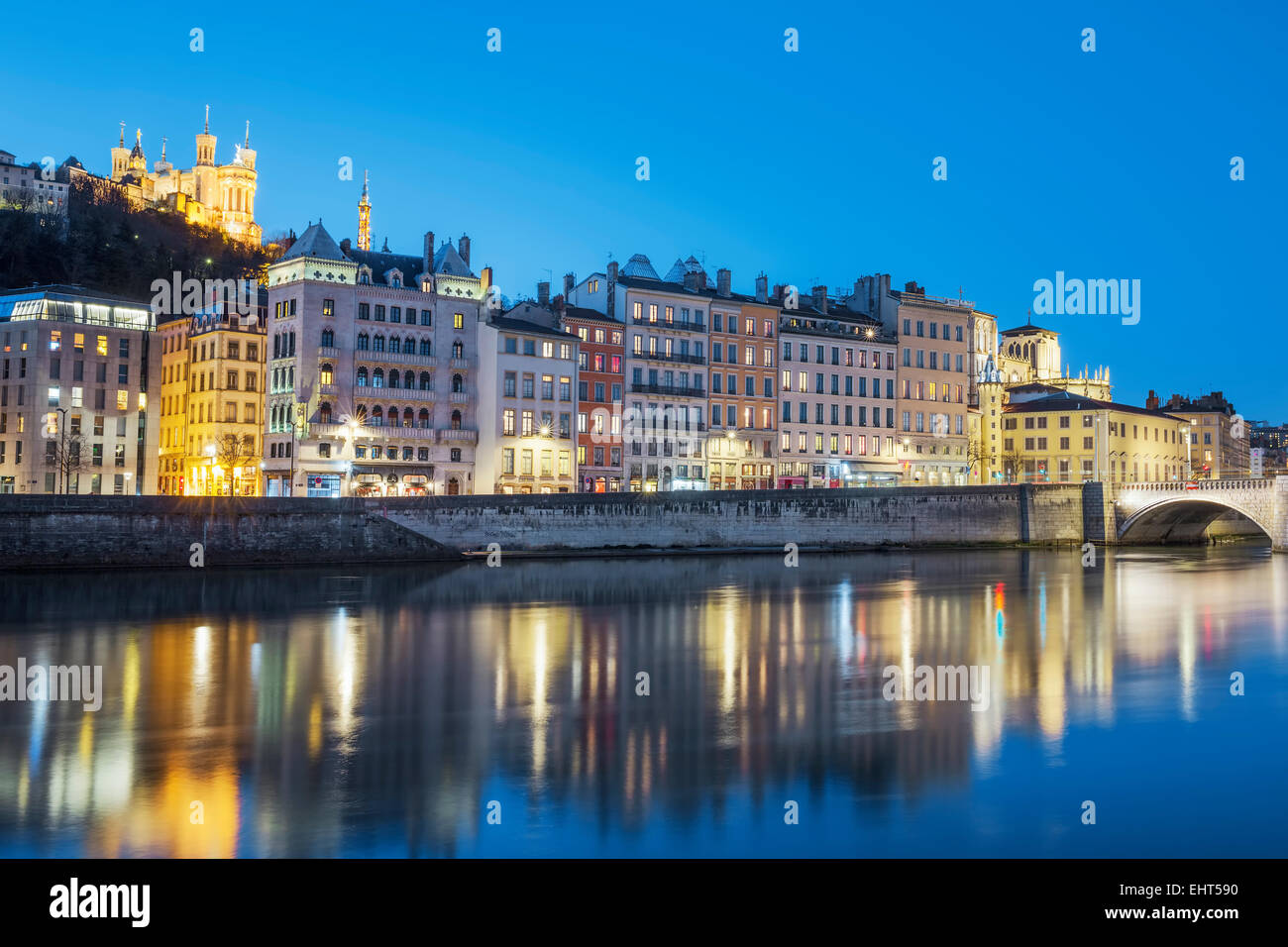 View of Lyon with Saone river at night, France. Stock Photo