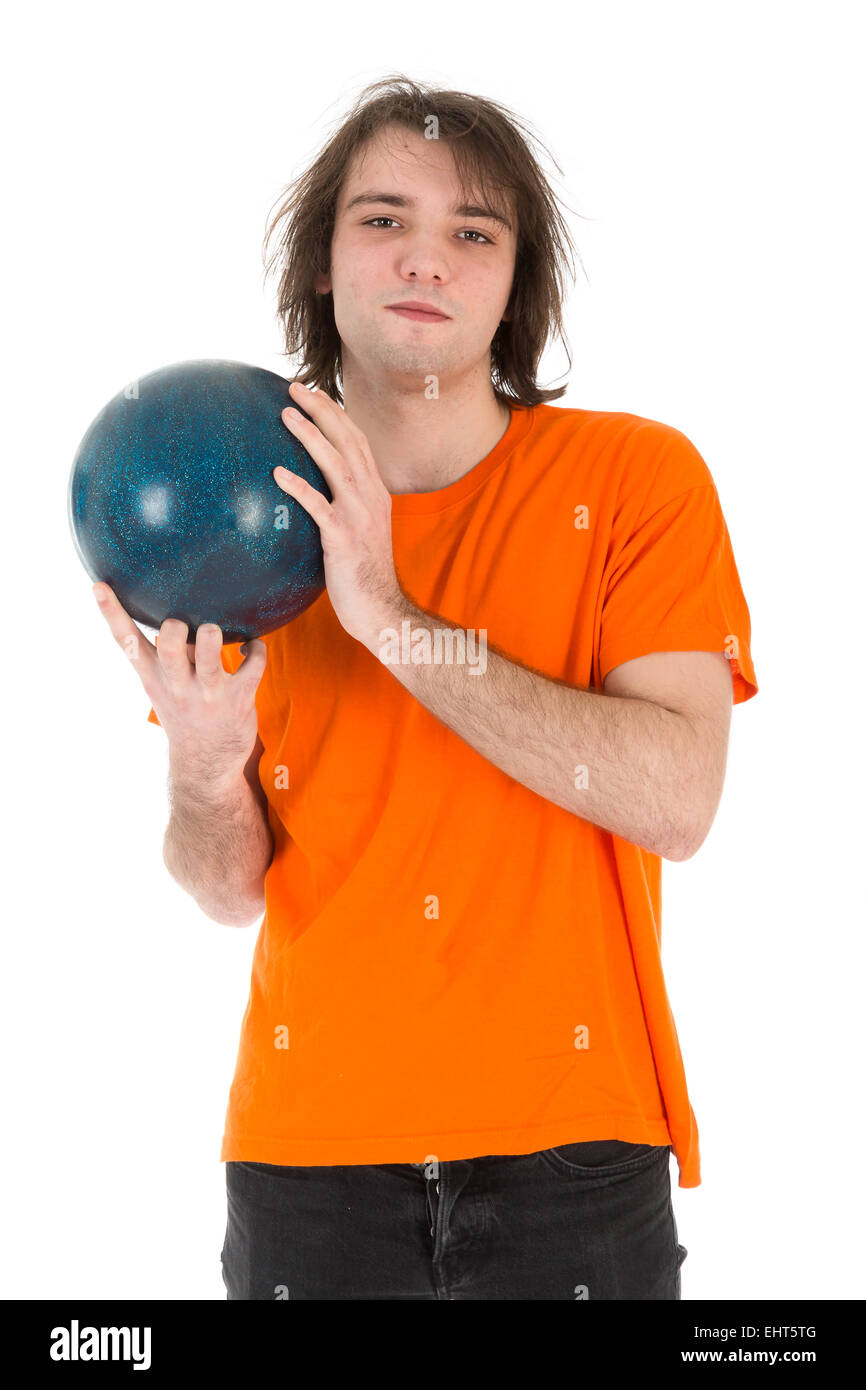 Man with bowling ball isolated on white background Stock Photo