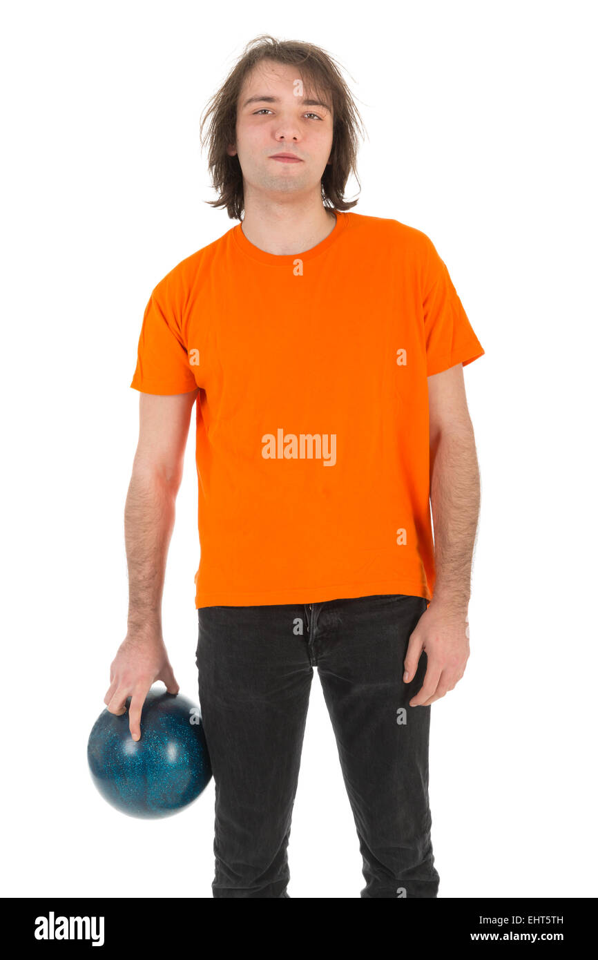 Young man with bowling ball ready to throw, isolated over white Stock Photo