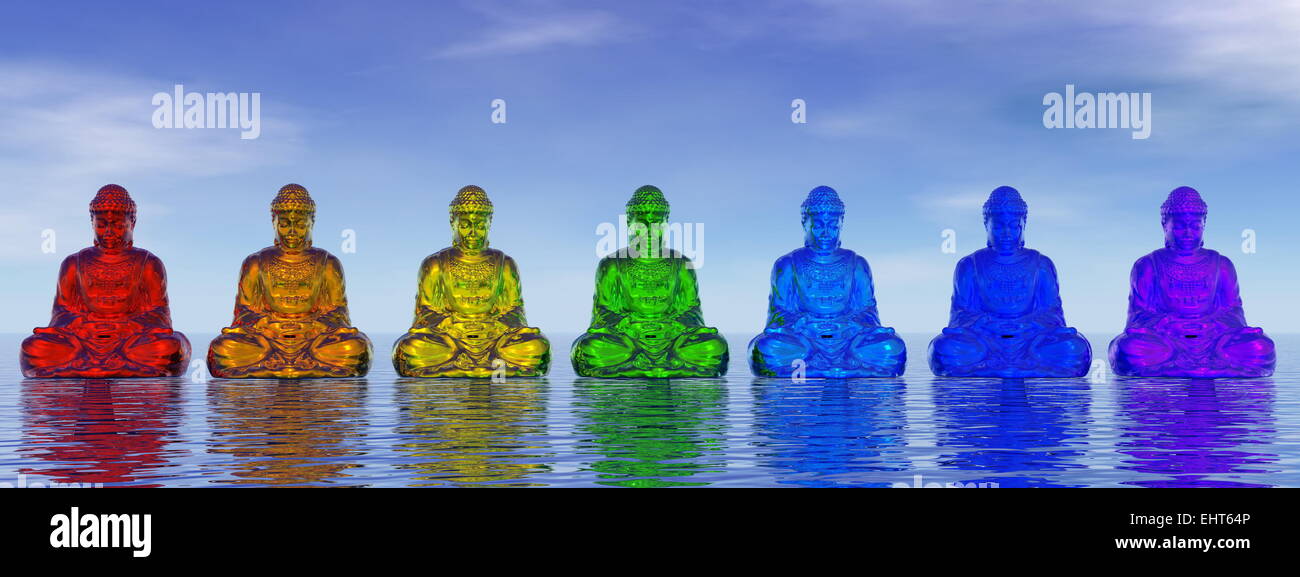 Seven small buddhas in chakra colors meditating upon water by day - 3D render Stock Photo