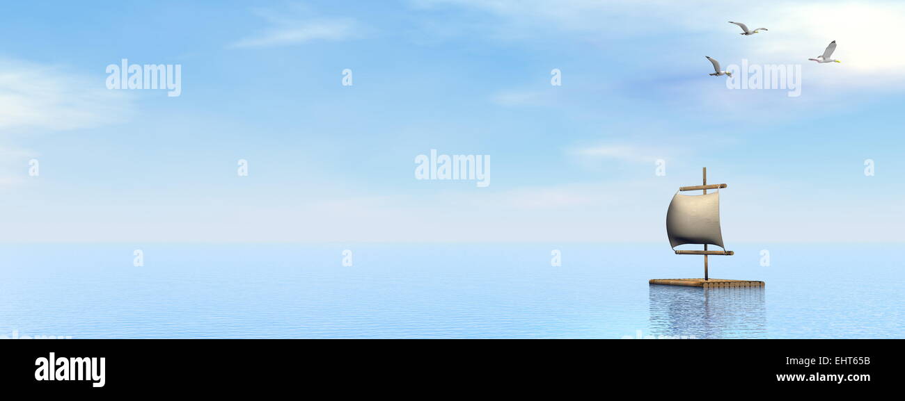 Wooden raft upon water next to flying seagulls by day 3D render Stock