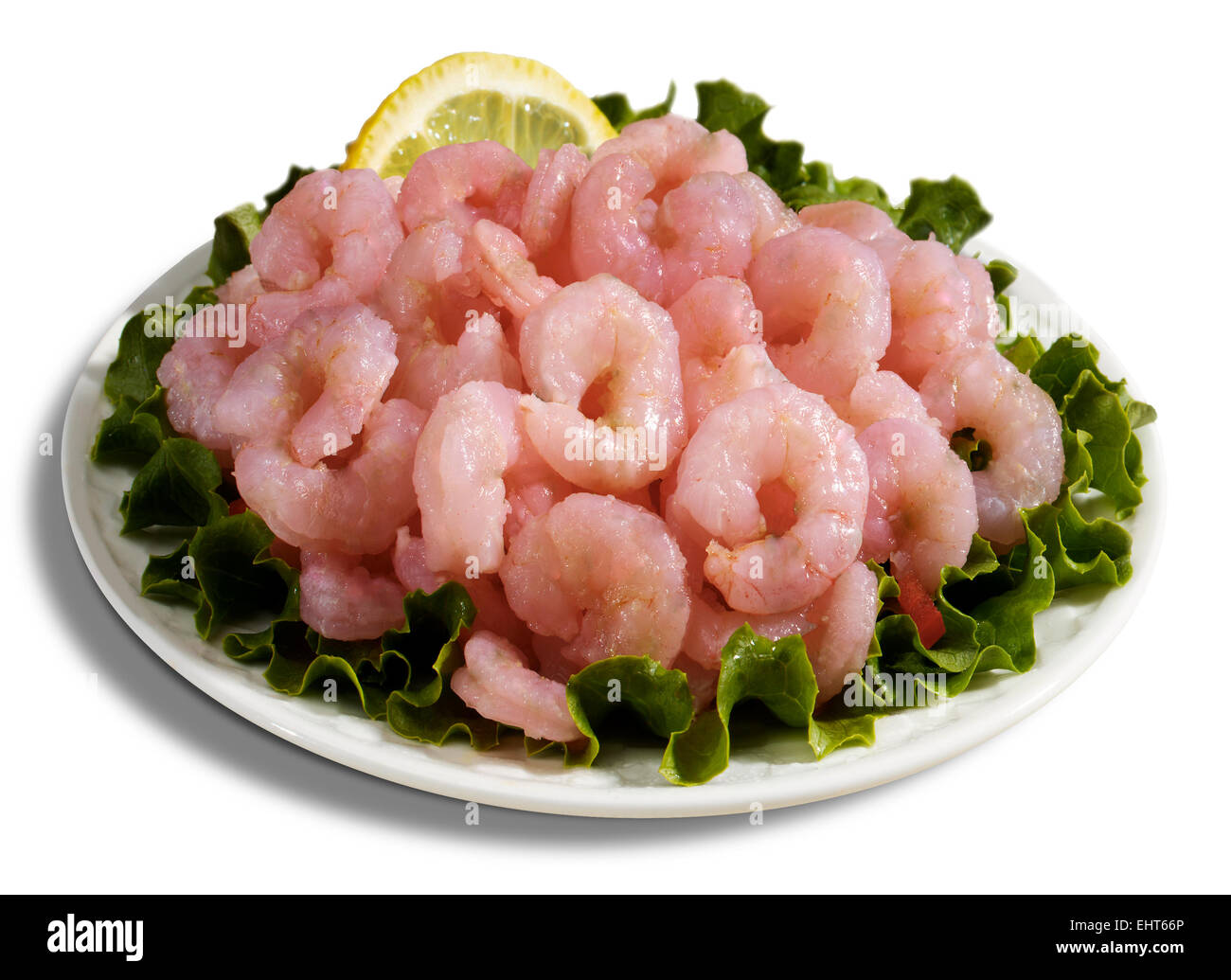 Baby Pink Shrimp on bed of Lettuce Stock Photo