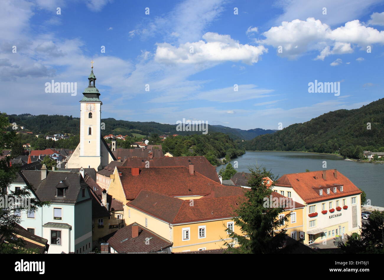 Bell tower of Grein cathedral, Austria Stock Photo