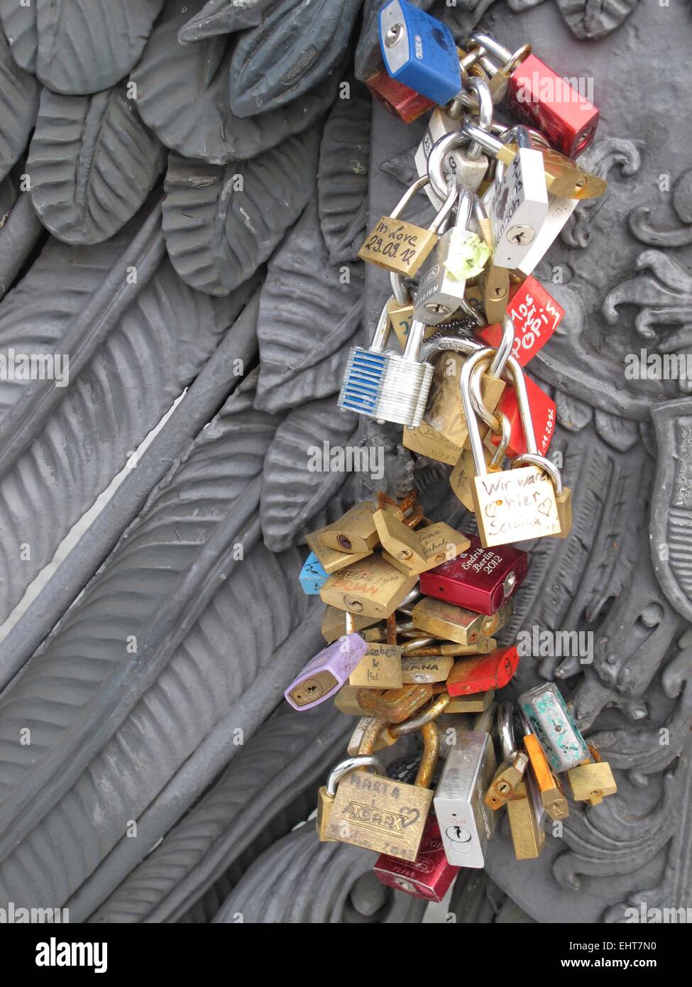 Love locks on river bridge Stock Photo