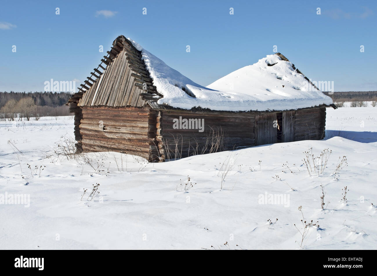Old wooden barn under snow Stock Photo