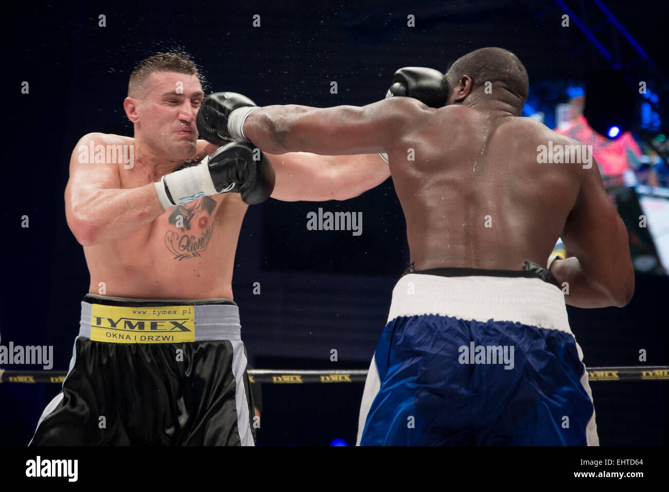LUBIN, POLAND - MARCH 14, 2015: Professional boxing fight in heavy weight  between Mariusz Wach (black short) and Gbenga Oluokun Stock Photo