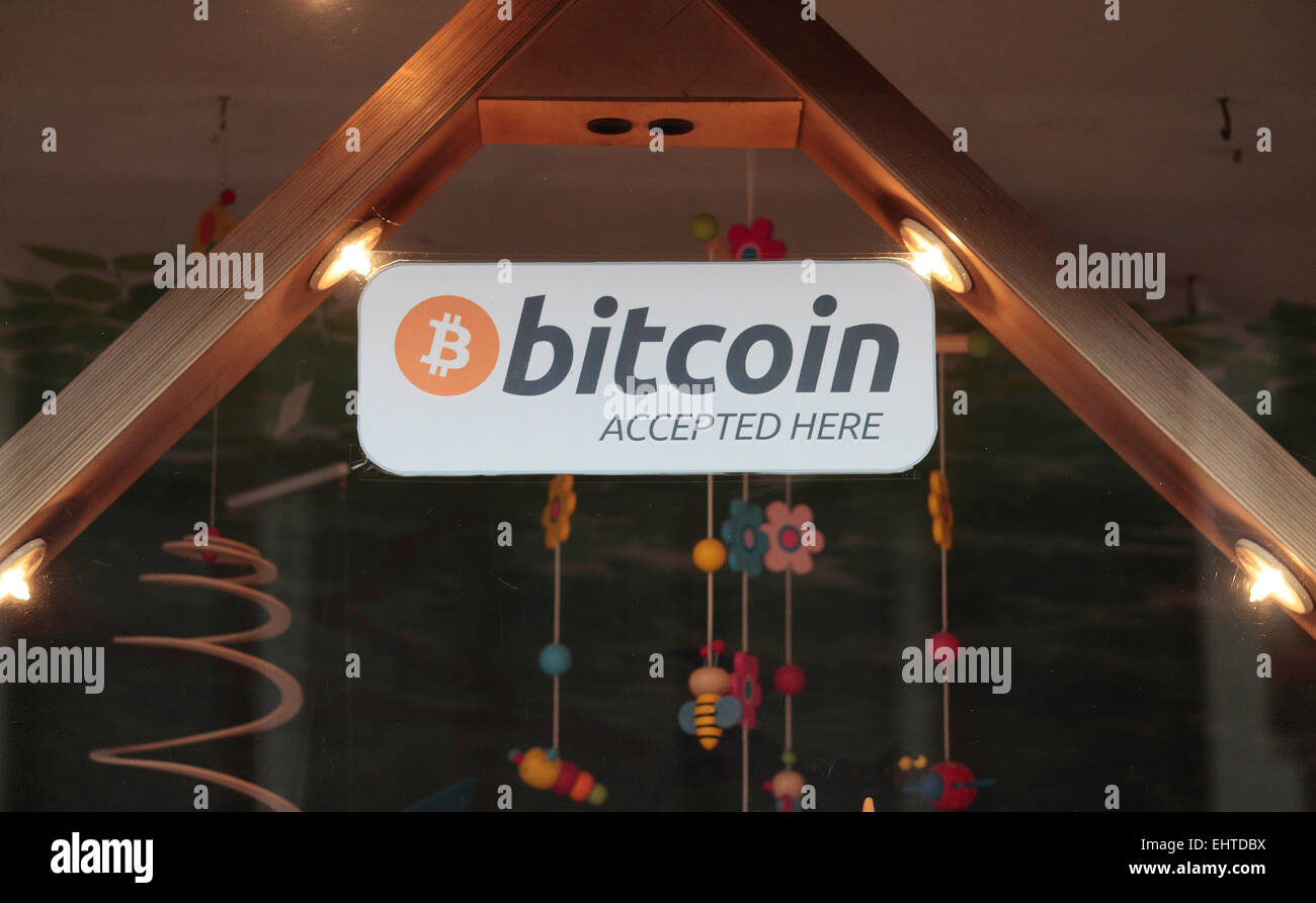 A "Bitcoin Accepted Here" sign in the New Forest, UK. Stock Photo