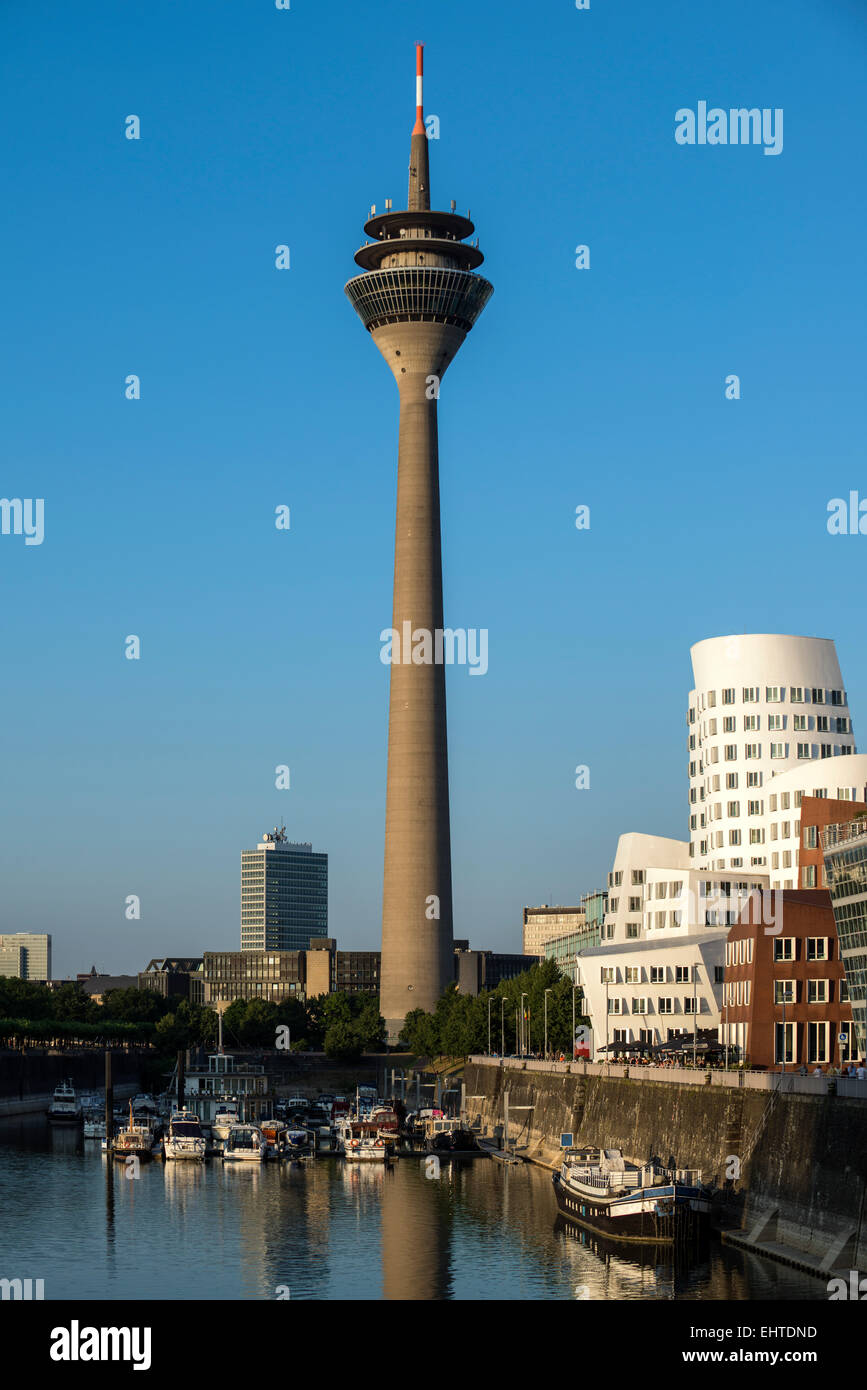 Rhine Tower and Gehry buildings in the media port of dusseldorf, north rhine-westphalia, germany, europe Stock Photo