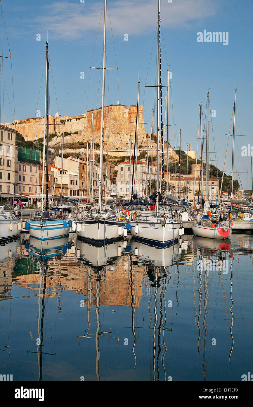 Bonifacio is the southern most town in Corsica and has a deep and well protected natural harbor guarded by an ancient citadel. Stock Photo