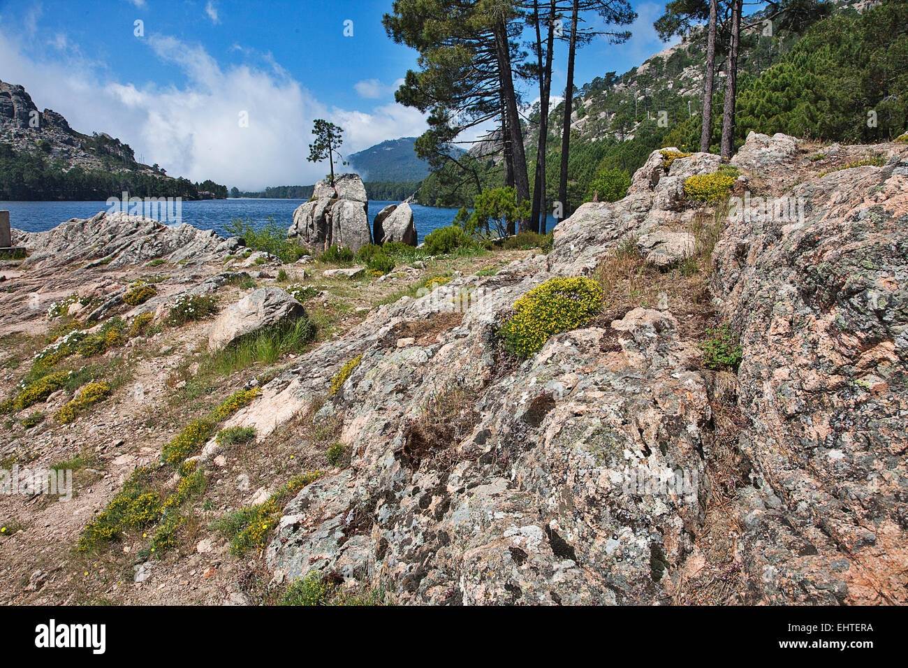 A mountain  lake near the village of Zonza in central Corsica  becomes a dramatic scene with incoming weather. Stock Photo