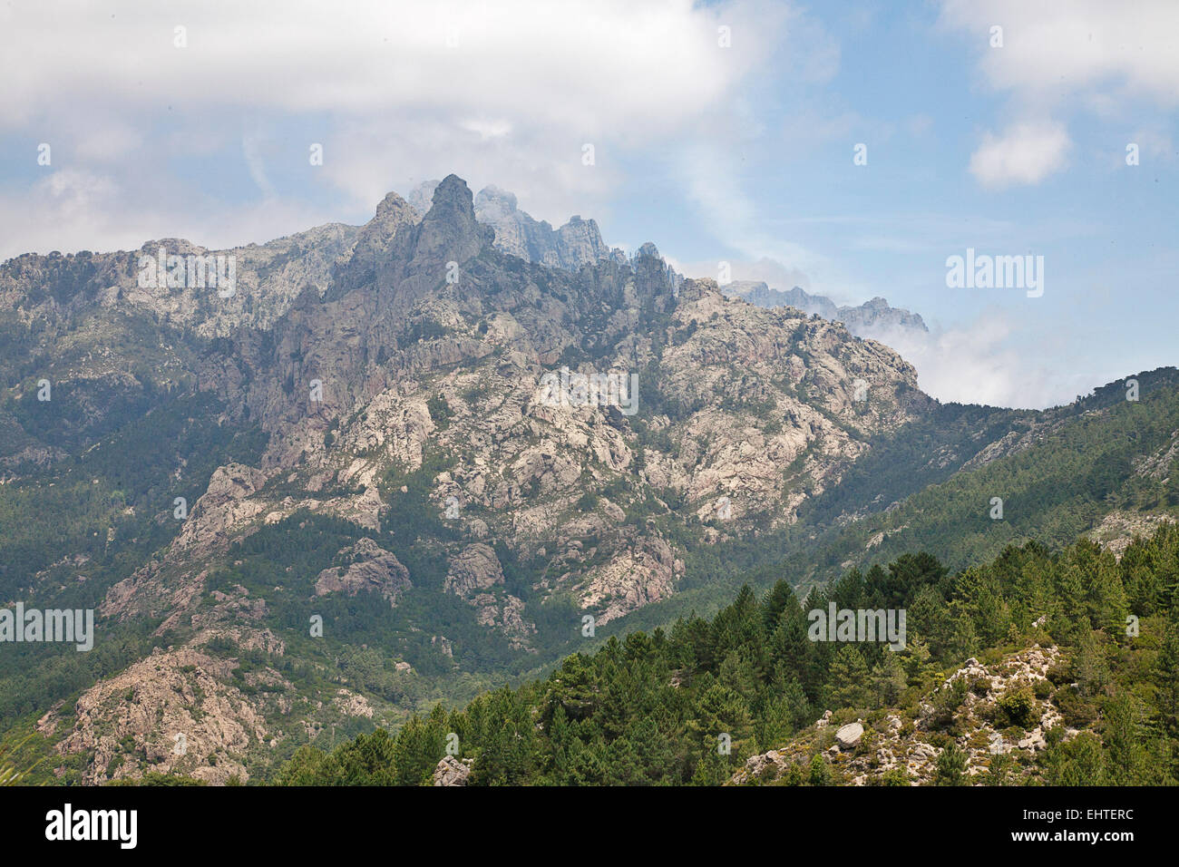 Central Corsica is dominated by rugged mountains and beautiful landscapes like these near the village of Zonza. Stock Photo