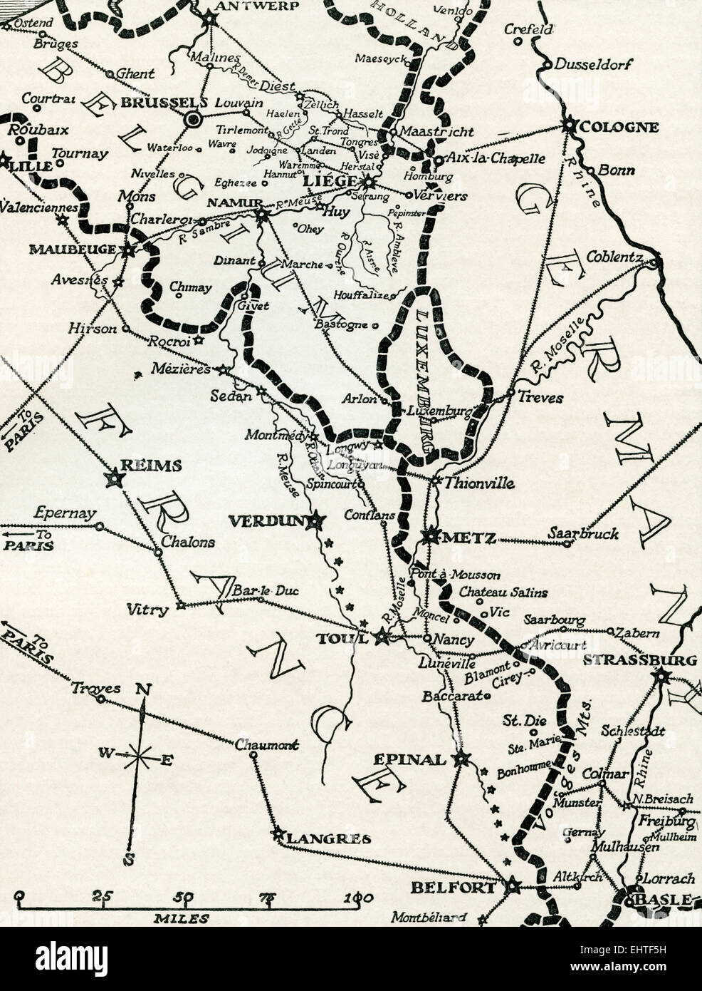 Map of the fortified Franco-German frontier between Belgium and Switzerland during World War One. Stock Photo