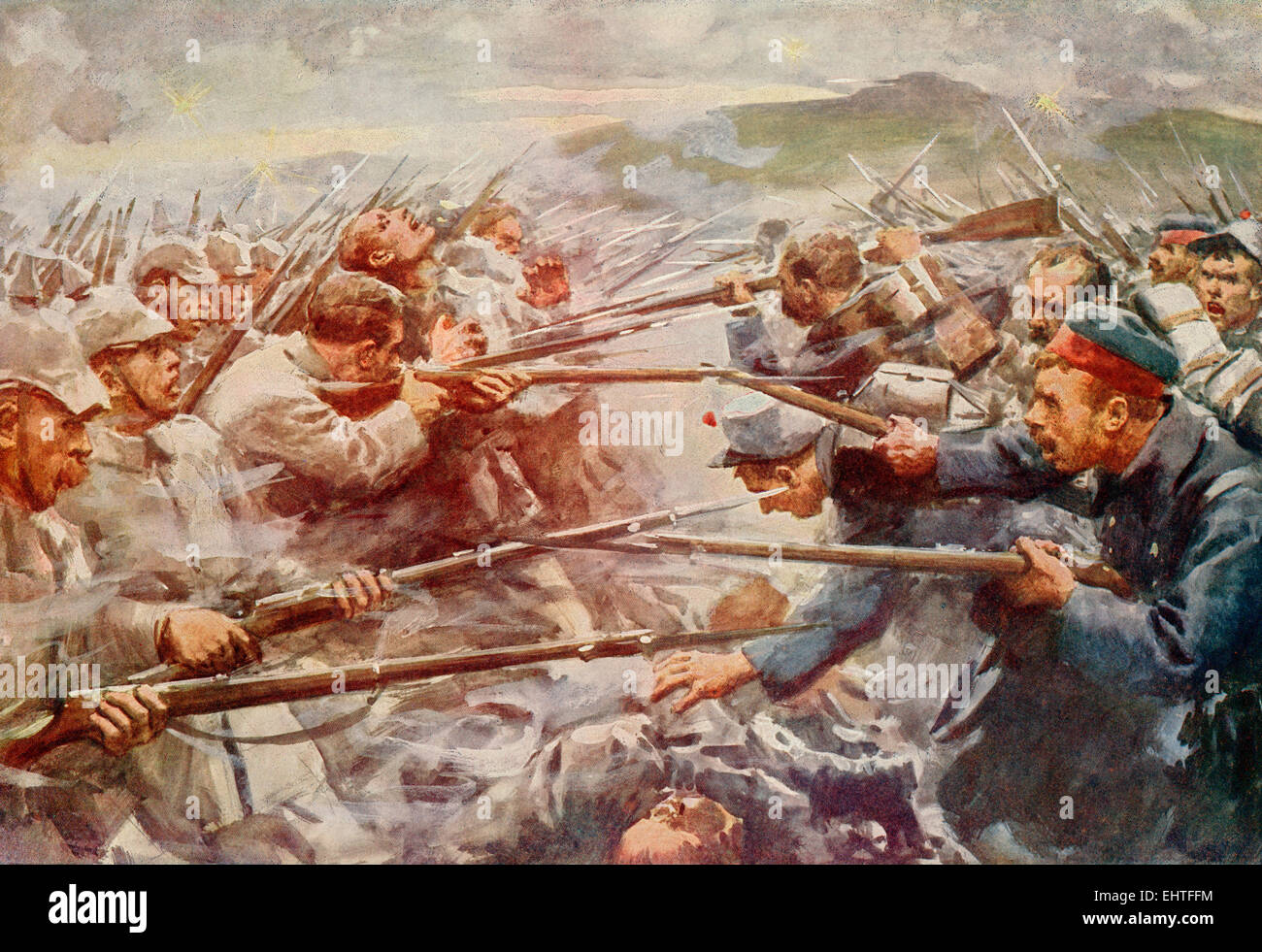 Belgian soldiers repelling a fierce German attack at Liege during World War One. Stock Photo