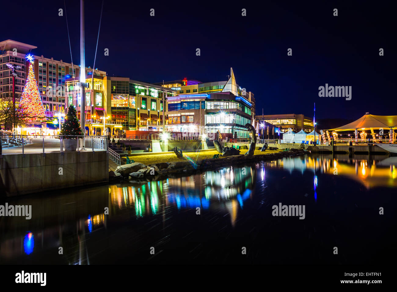 Buildings along the Potomac River waterfront at night, in National ...