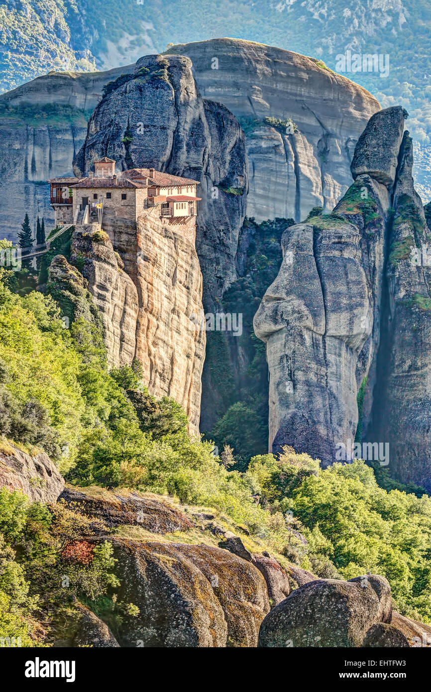 The Roussanou Monastery in the Meteora Monastery complex in Greece is dedicated to St. Barbara. Stock Photo