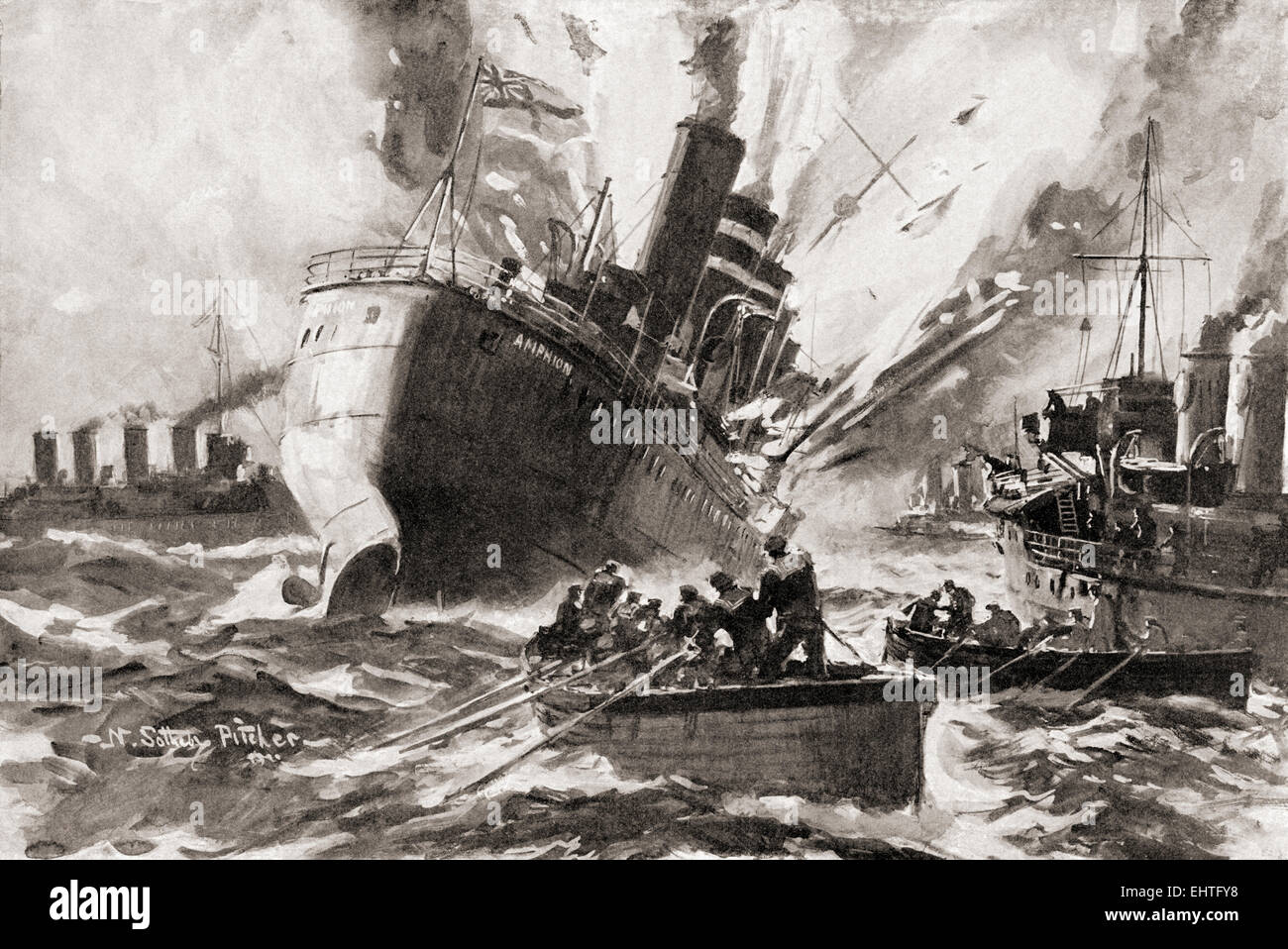 The blowing up of H.M.S. Amphion by a German mine during World War One. Stock Photo