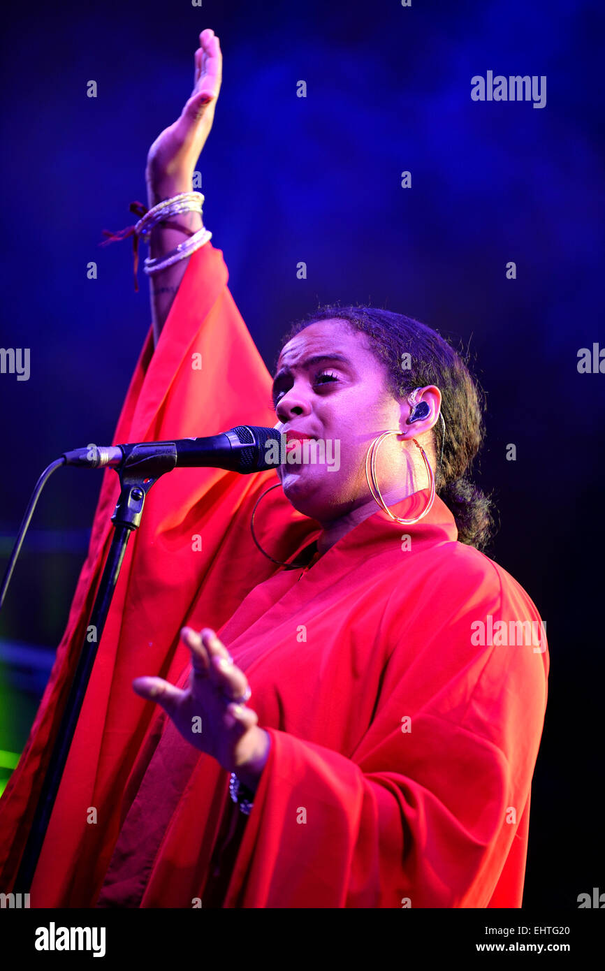 BARCELONA - SEP 23: Seinabo Sey (soul pop singer signed to Universal Music label) performs at Barcelona Accio Musical (BAM). Stock Photo