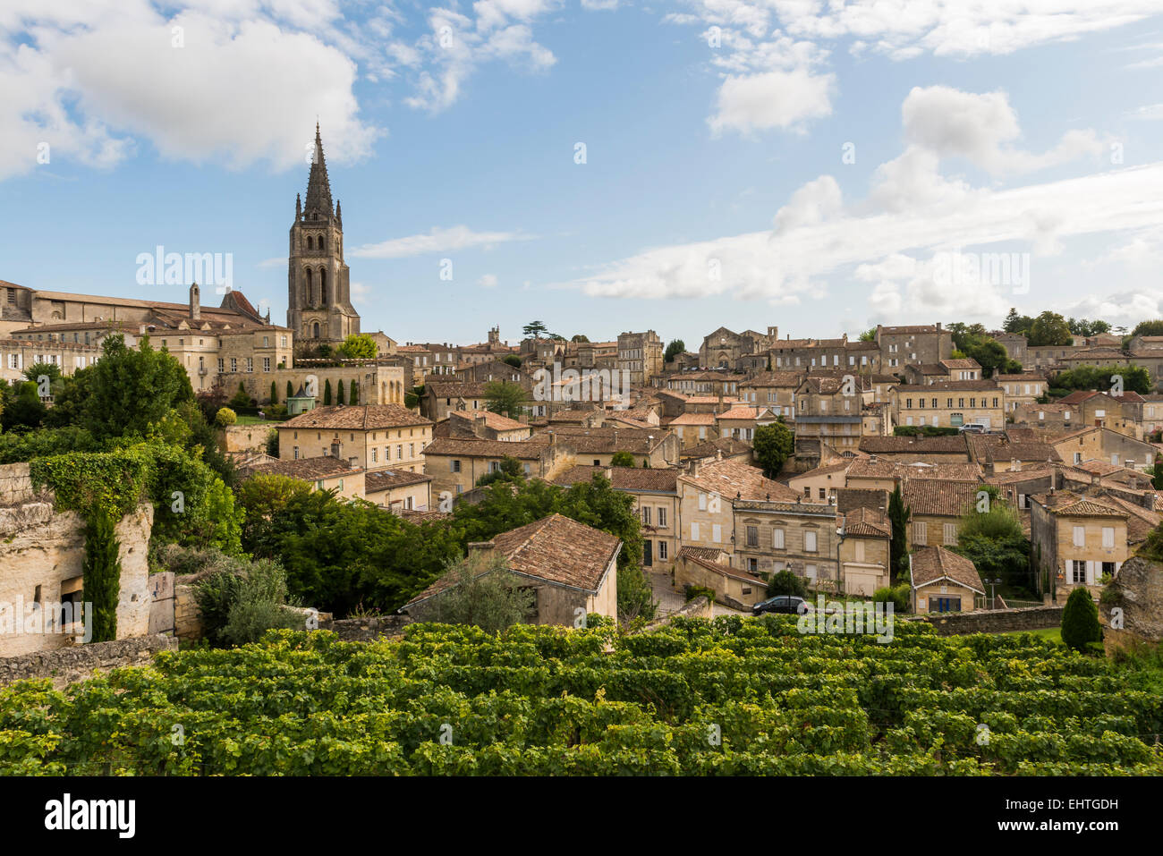 View on UNESCO World Heritage site Saint-Emilion with old houses, church and famous winedistrict at night. Stock Photo