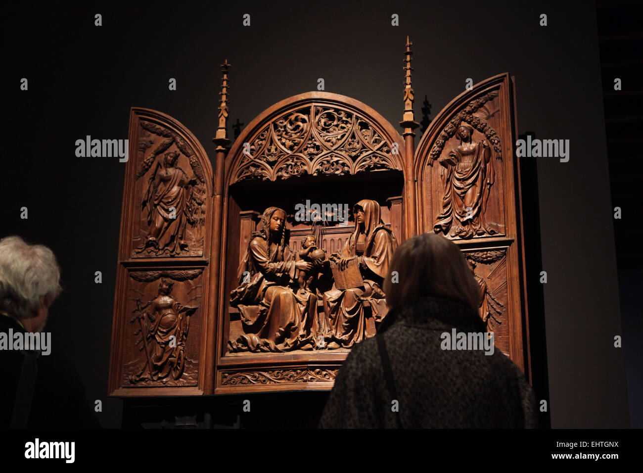 Altar of Saint Anne. Wooden carved altar by Master IP, circa 1524. Chateau Cesky Krumlov, Czech Republic. Exhibition 'Castles and Chateaux: Rediscovered and Celebrated' at the Prague Castle Riding School in Prague, Czech Republic. Stock Photo