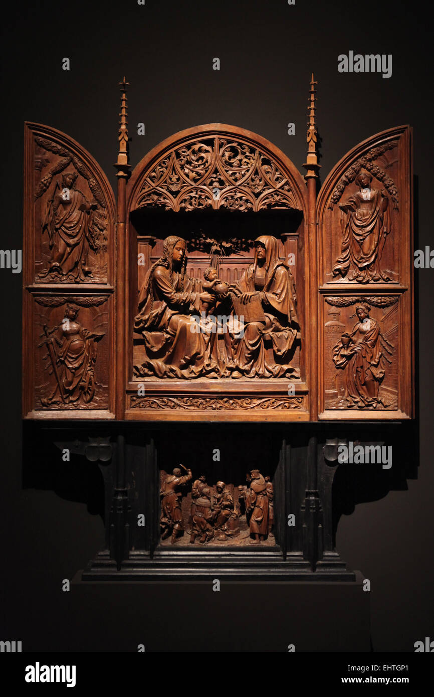 Altar of Saint Anne. Wooden carved altar by Master IP, circa 1524. Chateau Cesky Krumlov, Czech Republic. Exhibition 'Castles and Chateaux: Rediscovered and Celebrated' at the Prague Castle Riding School in Prague, Czech Republic. Stock Photo