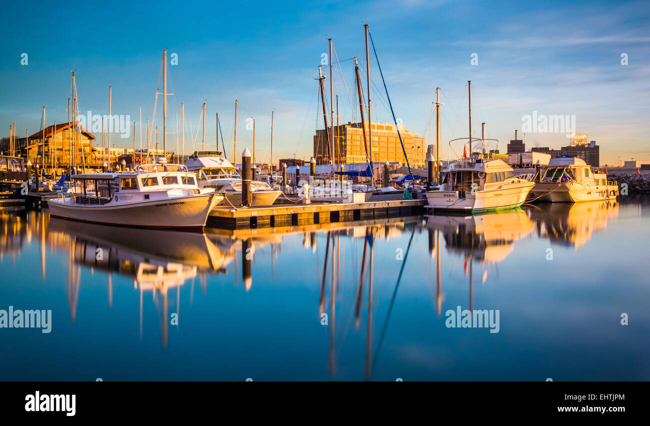 Evening light on boats in a marina, in Baltimore, Maryland. Stock Photo
