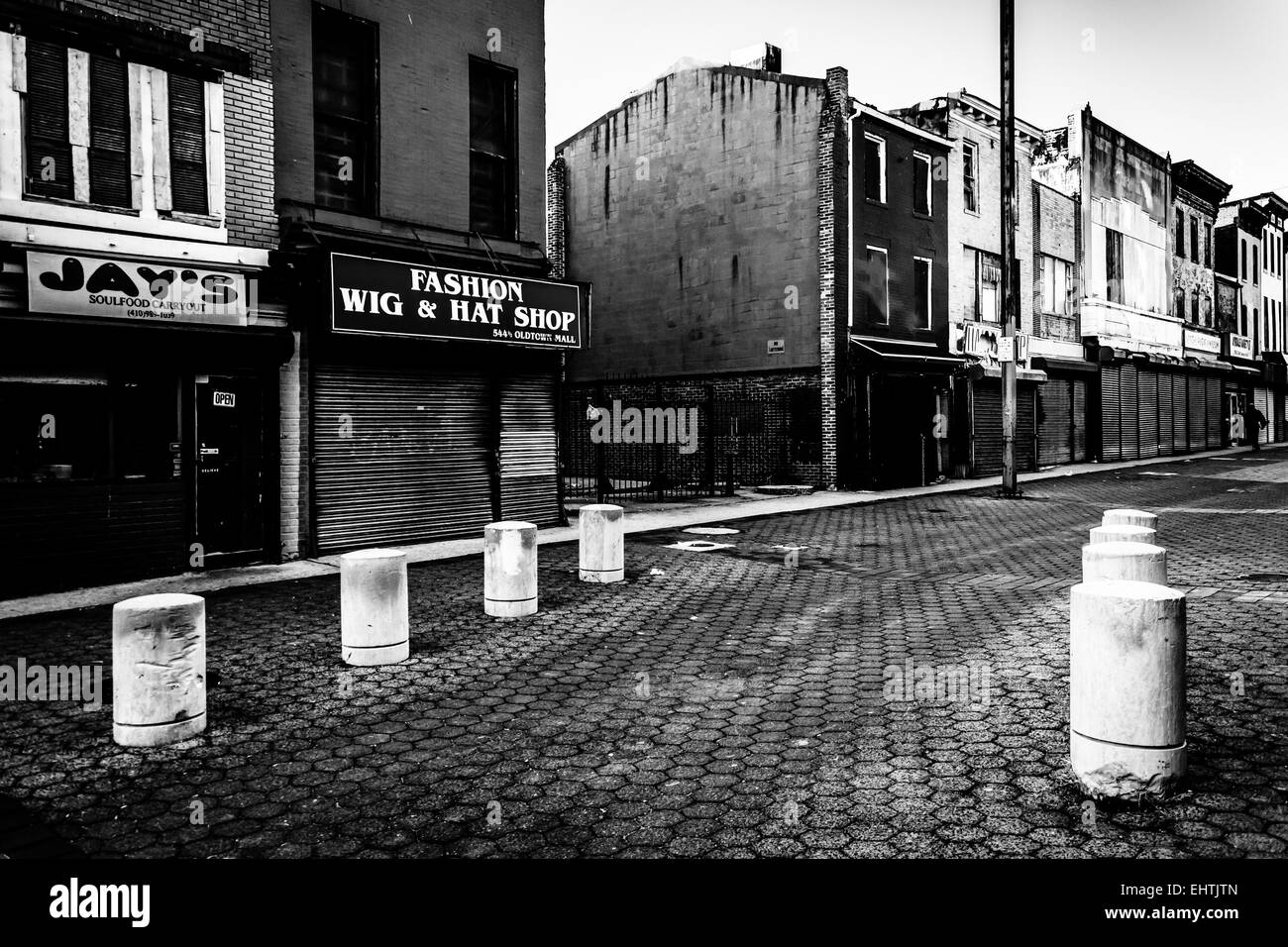 Evening light on shops at Old Town Mall, in Baltimore, Maryland Stock