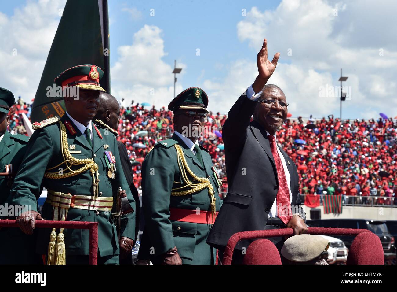 Maseru, Lesotho. 17th Mar, 2015. Lesotho's newly-elected Prime Minister Pakalitha Mosisili (front) waves to the spectators during the inauguration ceremony in Maseru, capital of Lesotho, on March 17, 2015. Lesotho's newly-elected Prime Minister Pakalitha Mosisili was inaugurated on Tuesday with a call for unity in the kingdom. Credit:  DOC/Elmond Jiyane/Xinhua/Alamy Live News Stock Photo