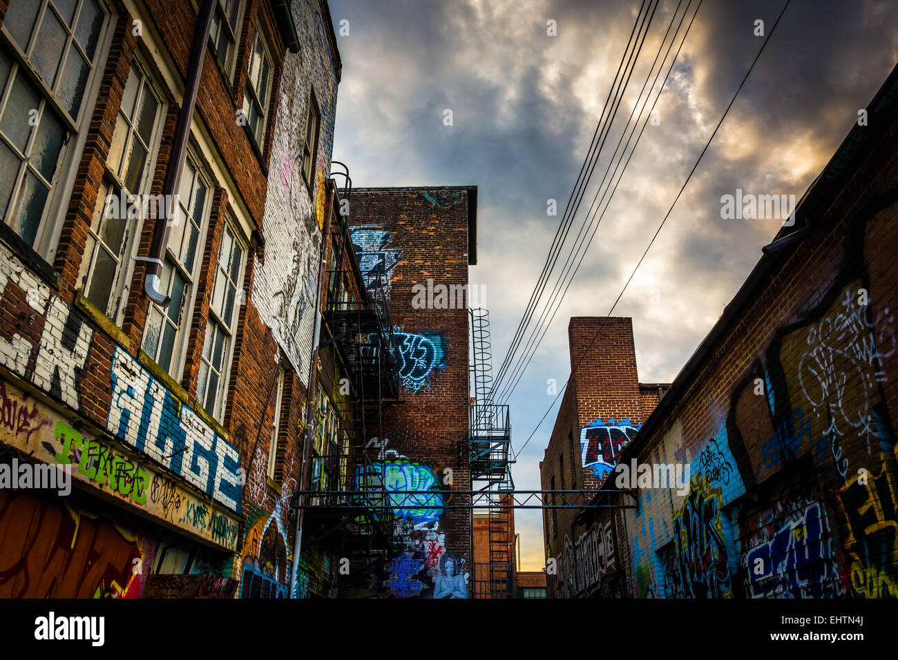 Graffiti on the walls of brick building in Graffiti Alley, Baltimore