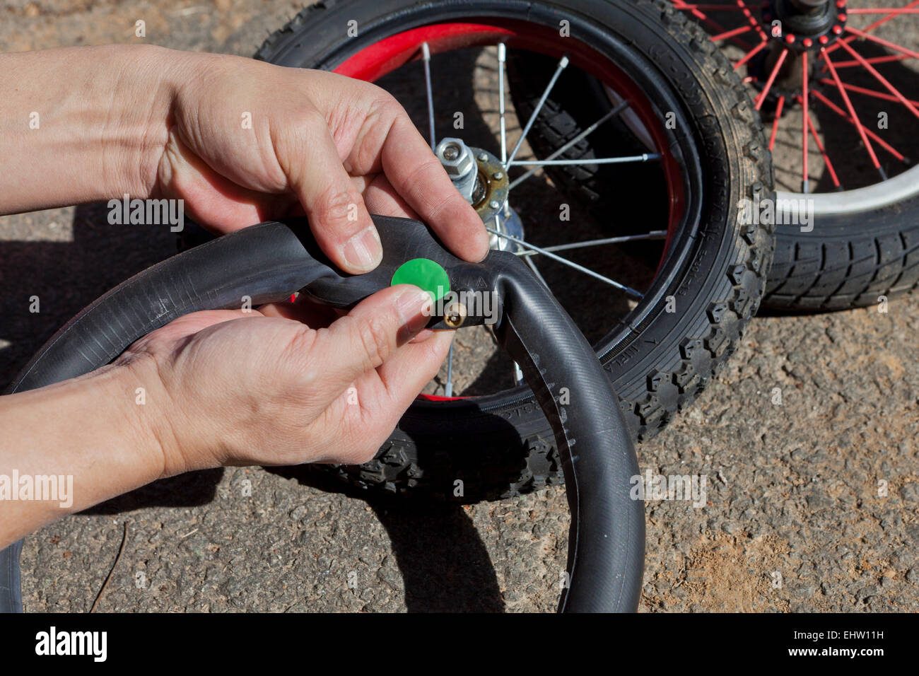 Man patching child's bicycle tire USA Stock Photo Alamy