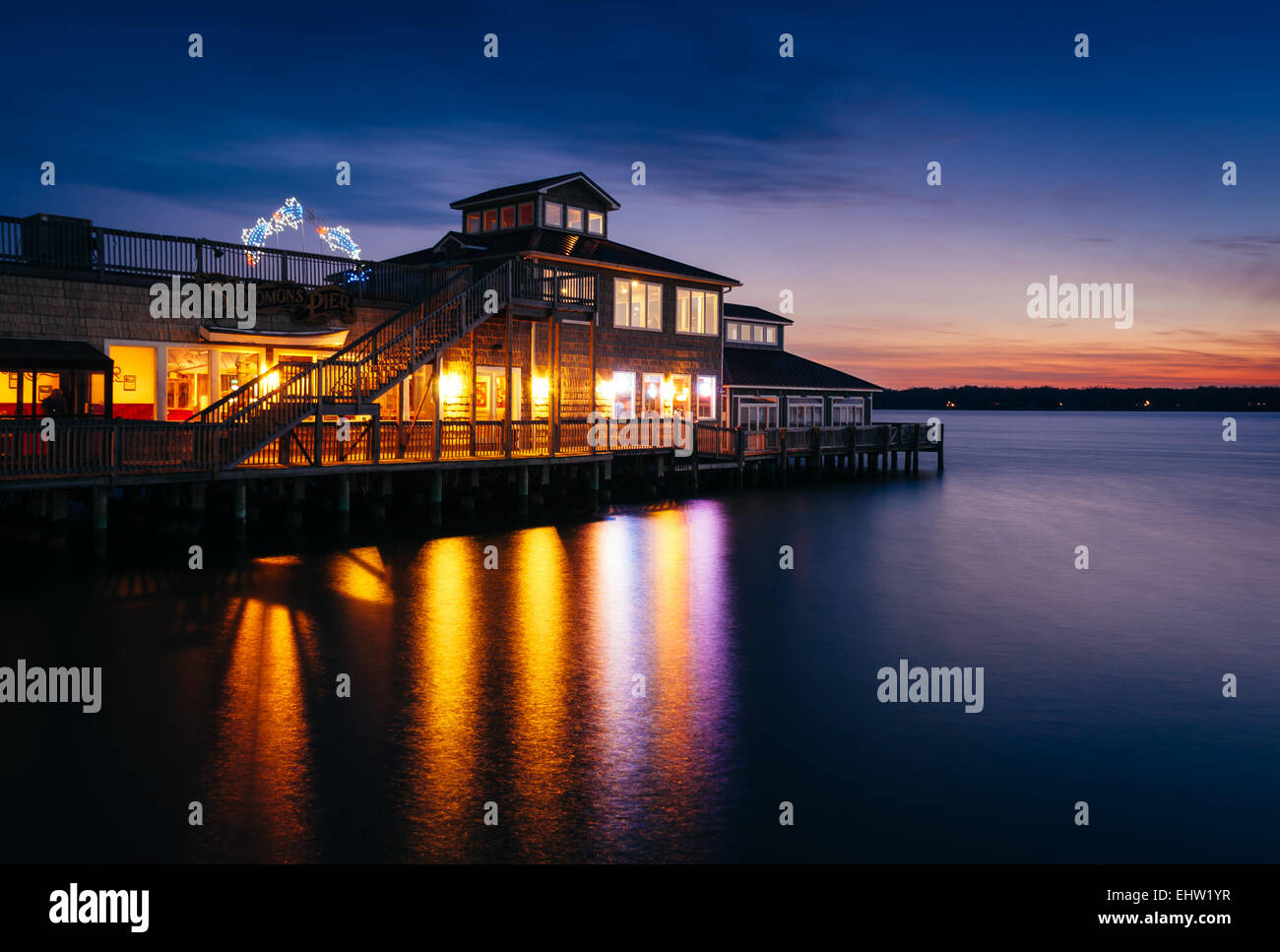 Solomon's Pier Restaurant reflecting in the Patuxent River at sunset