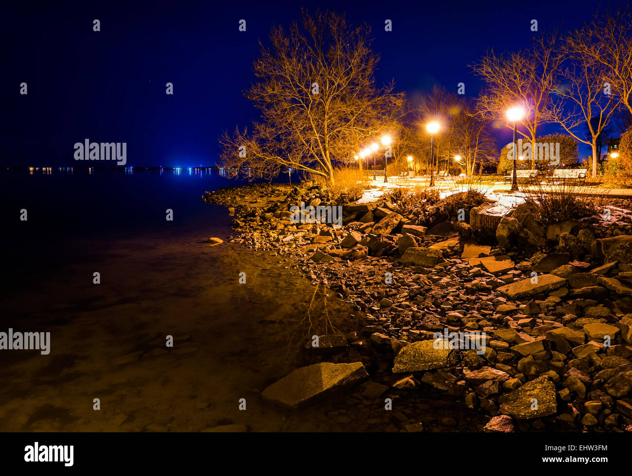 The Chesapeake Bay waterfront in Havre de Grace, Maryland at night