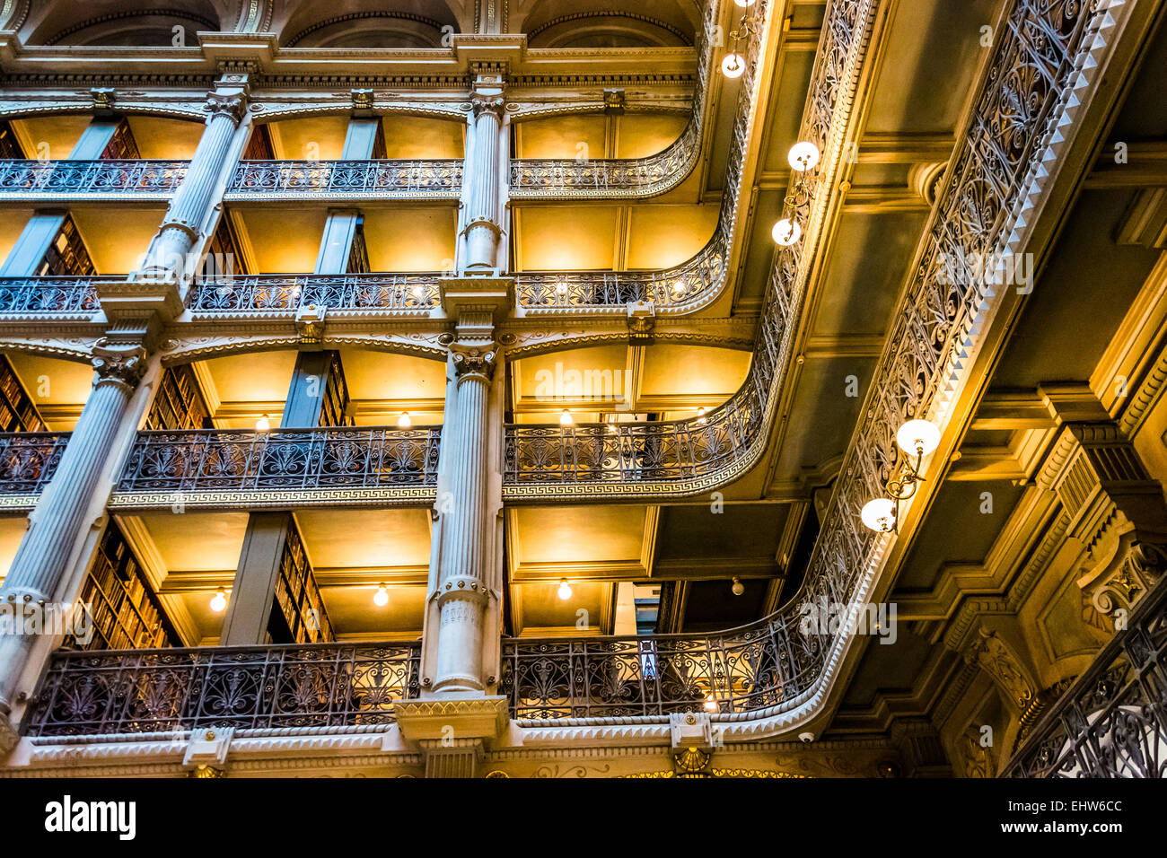 BALTIMORE - JUNE 13: The interior of the Peabody Library on June 13, 2014 in Baltimore, Maryland. The Peabody Library is a resea Stock Photo
