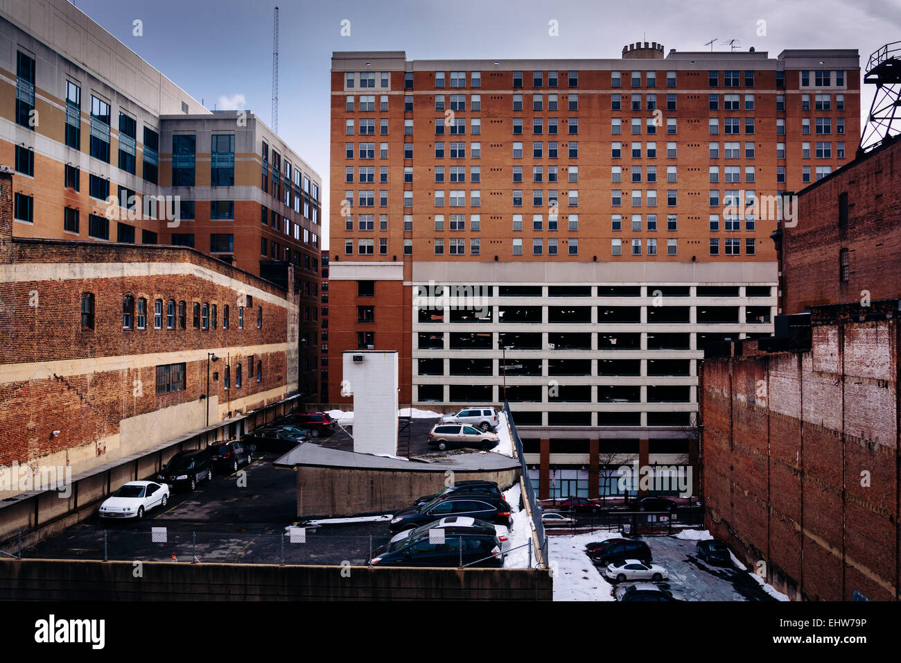View of parking garages and old buildings in Baltimore, Maryland Stock