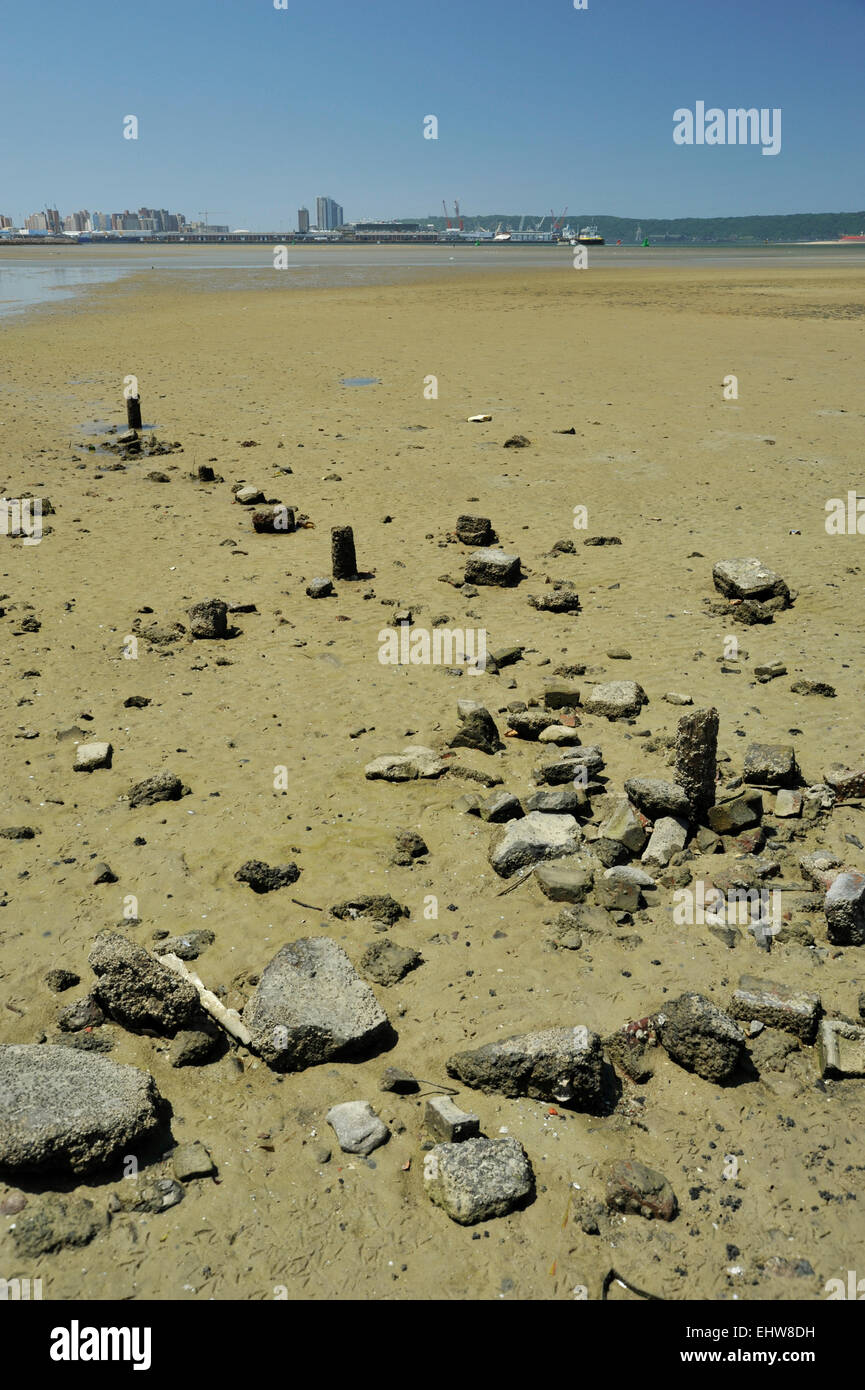 Concrete pieces of debris scattered on mudflats of Durban Harbour at low tide, KwaZulu-Natal, South Africa Stock Photo