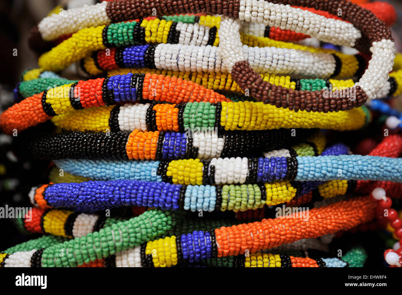 Collection of Zulu beadwork necklaces tourist souvenirs for sale Durban South Africa Stock Photo