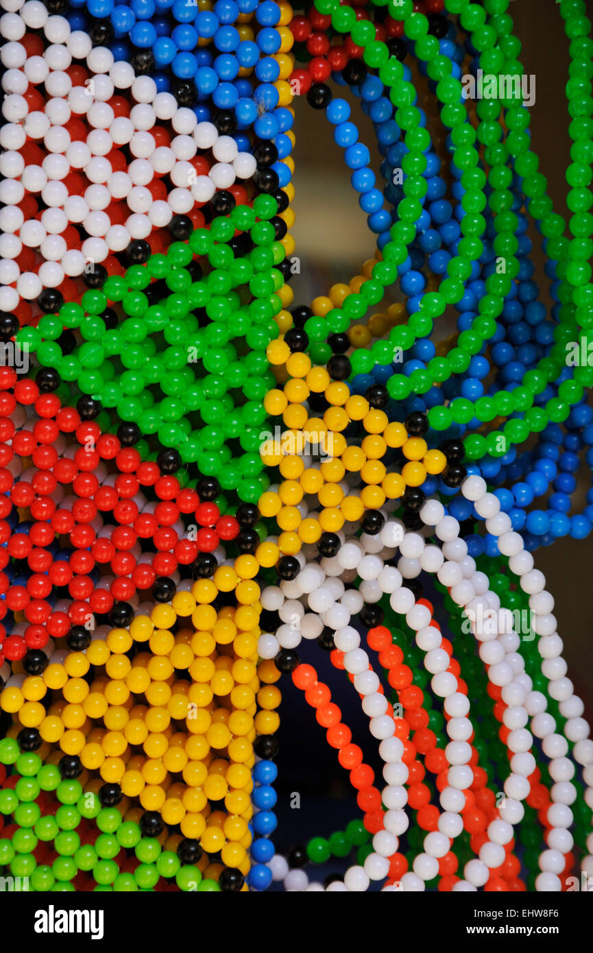 Close-up detail of geometric patterns on traditional Zulu beadwork necklace for sale as tourist souvenir in Durban, KwaZulu-Natal, South Africa Stock Photo